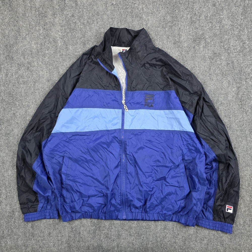 FILA Nylon Windbreaker Full Zip Blue Black XXL Mesh Lined Lightweight